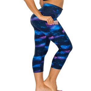 Women's Soft Capri Leggings 21in Inseam Flatlock Stitch Galaxy Print Sizes S - L
